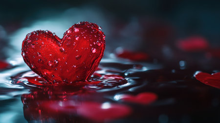 A close-up image shows a red heart-shaped object covered in water droplets, floating on dark water.の素材