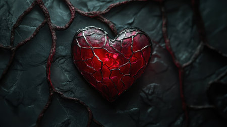A dark red glass heart, seemingly fragile, is encased in a wire cage against a dark stone background.の素材