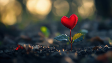 A small plant sprout with a red heart as its blossom grows from dark soil in a natural setting.の素材