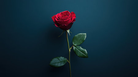 A single, deep red rose stands elegantly against a dark teal backdrop showcasing its beauty and simplicity.の素材