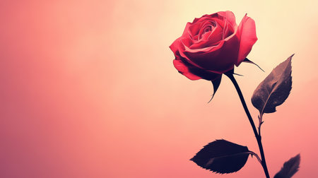 A vibrant red rose stands out against a softly blurred pink backdrop showcasing its delicate beauty and elegance.の素材