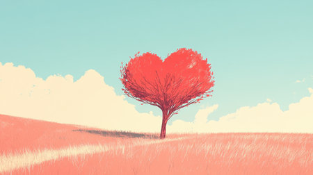A single tree shaped like a heart stands in a pastel colored field under a soft sky.の素材