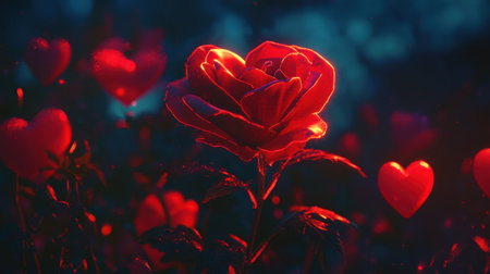 A vibrant red rose glows intensely amidst a field of luminous red hearts in a dark setting, creating a romantic and surreal atmosphere.の素材