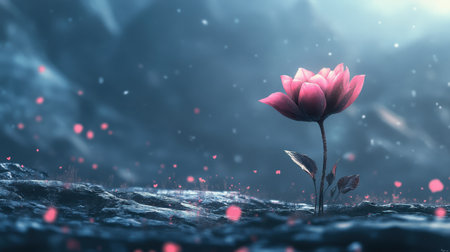 A solitary pink flower blossoms in a dark and mysterious landscape, surrounded by glowing particles.の素材