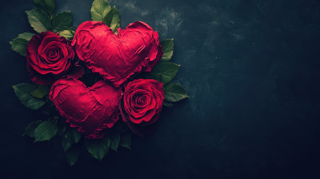 A lovely image showcasing red roses and heart shapes, creating a romantic Valentine&#39;s Day themed arrangement.の素材