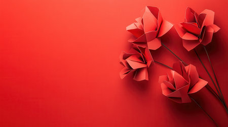 A minimalist image features four red paper flowers arranged on a solid red background creating a visually appealing design.の素材