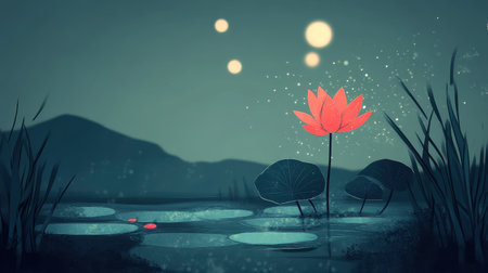 A single red lotus flower blooms serenely in a dark blue pond under a night sky with soft glowing lights.の素材