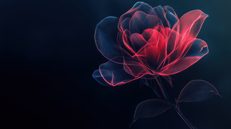 A digitally created image depicts a rose with red and blue glowing petals against a dark background.の素材
