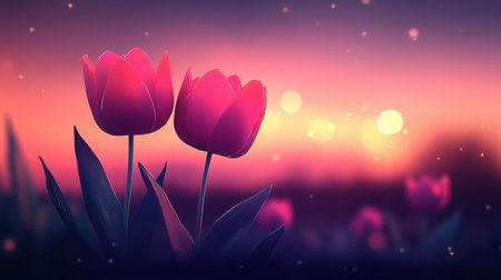 Two vibrant pink tulips stand out against a blurred sunset background showcasing a romantic and peaceful scene.の素材