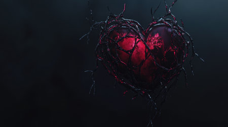 A digital rendering of a dark red heart ensnared by black, thorny vines against a dark background.の素材