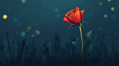 A solitary red rose stands tall amidst a dark field of grass under a night sky speckled with glowing lights.の素材
