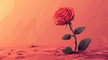 A vibrant red rose bravely stands alone in a dry, cracked, and desolate landscape under an orange sky.の素材