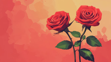 A stylized illustration depicts two vibrant red roses against a warm peach colored background.の素材
