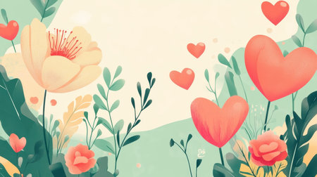 A whimsical illustration depicting hearts and flowers in a pastel spring garden setting.の素材