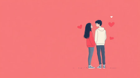 A stylized illustration depicts a young couple standing close, surrounded by hearts, symbolizing romance and love.の素材