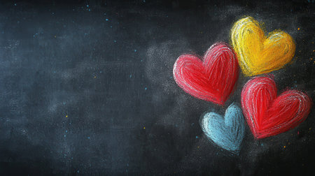 Four pastel-colored hearts drawn in chalk on a dark background represent love and affection.の素材