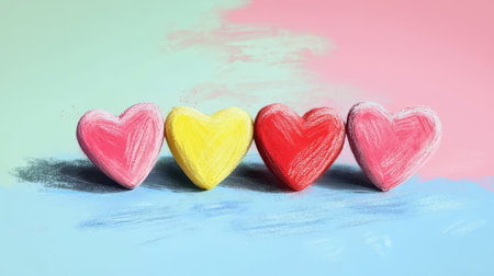 Four pastel-colored heart shapes are arranged in a row on a light blue surface.の素材