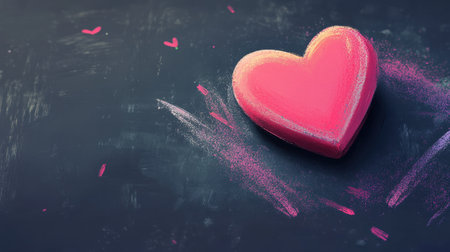 A pink heart rests on a dark chalkboard background adorned with pastel chalk markings.の素材