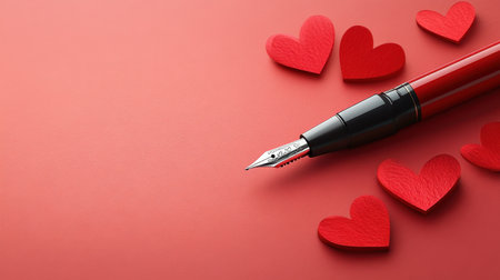 A red fountain pen rests on a red background surrounded by small red hearts, suggesting a romantic or loving message.の素材