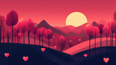 A stylized illustration depicts a romantic sunset scene with heart-shaped trees and hills, conveying love and tranquility.の素材