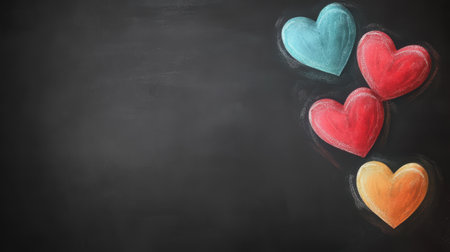 Four colorful chalk hearts drawn on a dark chalkboard background, creating a simple yet romantic image.の素材
