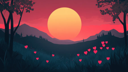 A stylized illustration depicts a serene sunset over rolling hills, adorned with numerous hearts scattered across a grassy field.の素材