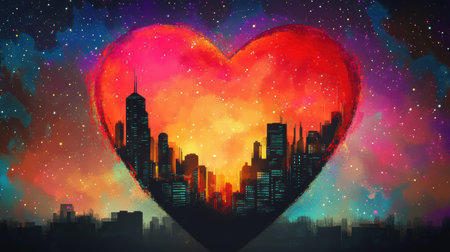 A stylized cityscape is nestled within a large heart shaped cosmic nebula, creating a visually stunning and romantic image.の素材