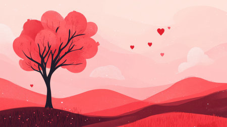 A stylized illustration depicts a heart-shaped tree in a pink and red landscape with floating hearts suggesting a romantic Valentines Day theme.の素材