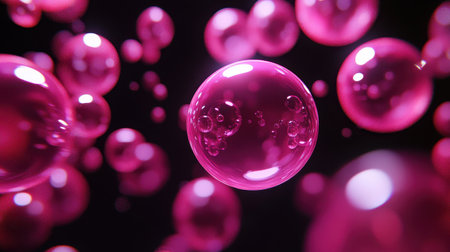 A cluster of vibrant pink bubbles floats in a dark space, showcasing their glossy surfaces and reflections.の素材