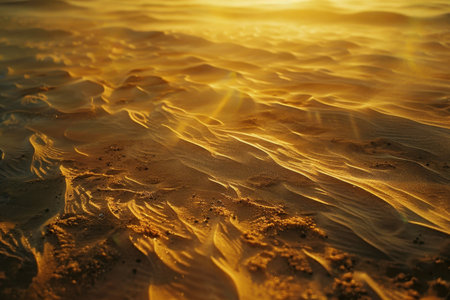 A close-up view of golden sand dunes illuminated by the setting sun, highlighting the intricate patterns and textures of the desert landscape.の素材