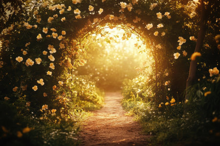 A sunlit path leads through a beautiful rose archway in a garden setting.の素材