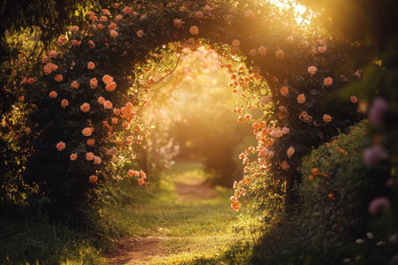 A rose archway frames a sunlit pathway winding through a lush garden, creating a romantic and dreamy atmosphere.の素材
