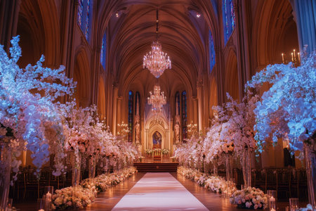A grand cathedral decorated with white flowers and candles, with a white aisle leading to the altar, set for a wedding ceremony.の素材