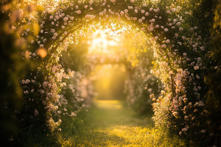 A pathway through a blooming rose archway bathed in warm sunlight.の素材