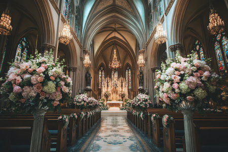 The interior of a church decorated with floral arrangements for a wedding ceremony.の素材