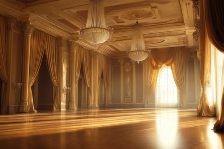 A grand ballroom with gold drapes, chandeliers, and sunlight streaming through a large window, illuminating the polished wooden floor.の素材