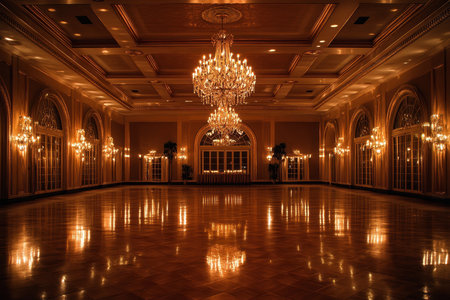 A grand ballroom illuminated by chandeliers and sconces, with gleaming hardwood floors reflecting the warm light.の素材