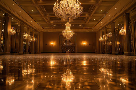 A grand ballroom with elaborate crystal chandeliers reflecting in a shiny golden floor, creating a luxurious and festive ambiance.の素材