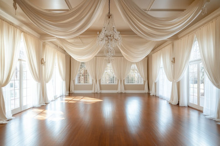 An elegant room decorated with white curtains, a crystal chandelier, and a wooden floor. The windows allow natural light to illuminate the room.の素材