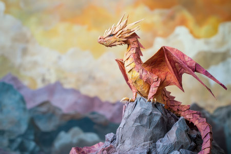 A meticulously crafted red origami dragon perched on a mountain peak against a blurry background of colorful clouds.の素材