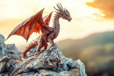 An origami dragon, crafted from brown paper, is perched on a rocky outcrop against a backdrop of a sunset sky and mountain scenery.の素材