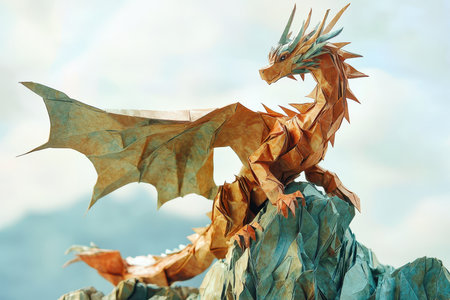 A detailed origami dragon crafted from paper, perched on a mountain peak, with wings spread out and a fierce expression.の素材