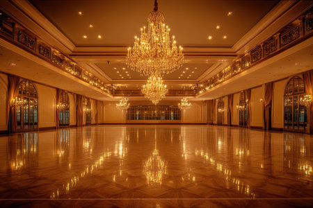 A spacious, empty ballroom with large crystal chandeliers, gold accents, and a polished wooden floor reflecting light.の素材