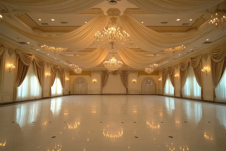 A large, empty ballroom with a draped ceiling adorned with multiple crystal chandeliers, gold trim, and white curtains.の素材