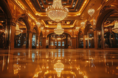 A grand ballroom with golden chandeliers, ornate ceilings, and mirrored walls creating a luxurious and elegant ambiance.の素材