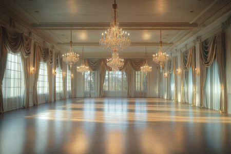 A grand, sunlit ballroom featuring crystal chandeliers, draped windows, and polished wooden floors, creating an elegant and luxurious atmosphere.の素材