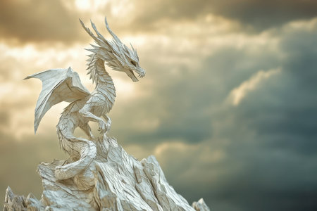 A white paper dragon sculpture stands on a rock peak against a background of stormy clouds.の素材