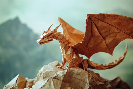 A detailed closeup of a meticulously folded origami dragon perched atop a crumpled piece of paper resembling a mountain, set against a blurry green and blue background.の素材