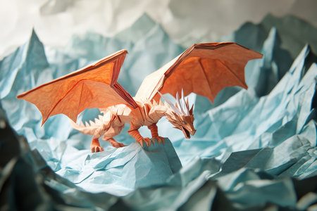An origami dragon, crafted from orange paper, stands on a blue paper mountain.の素材