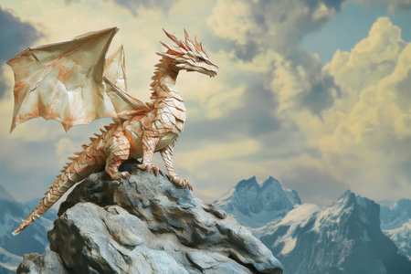 A detailed origami dragon with outstretched wings sits atop a rocky mountain peak against a cloudy sky.の素材